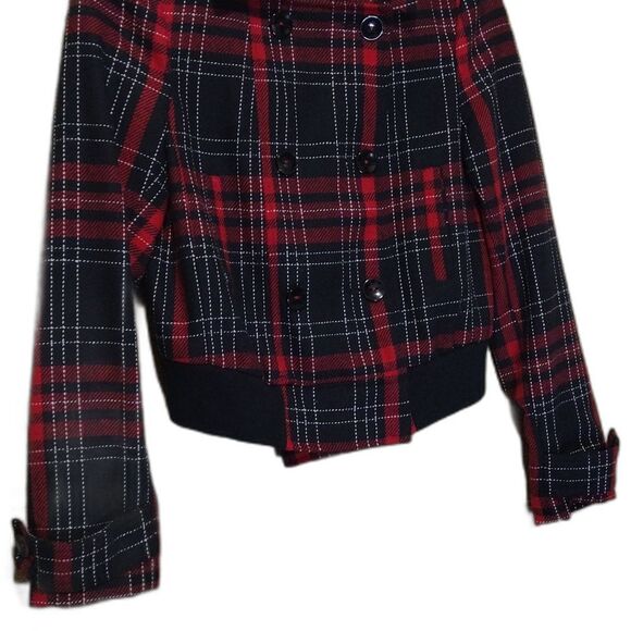 Express Bomber Jacket Red Black Plaid Tartan 2008 Button-Down Stretch SMALL - Picture 11 of 12